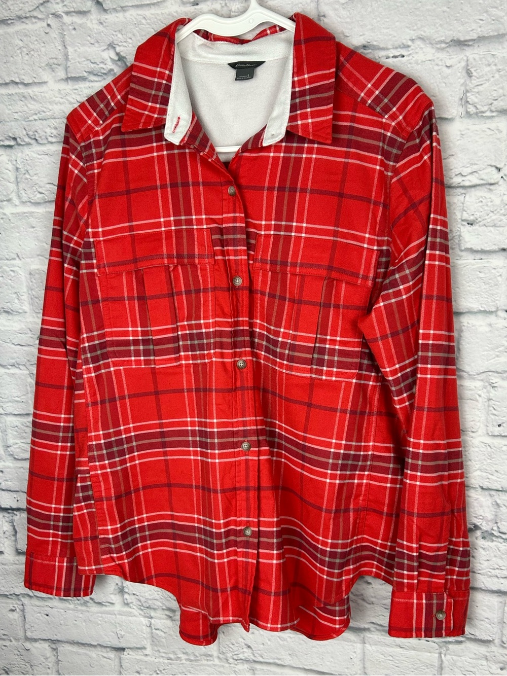 Eddie Bauer Women’s L Red Plaid Flannel Shirt Stretch Pockets Gorpcore